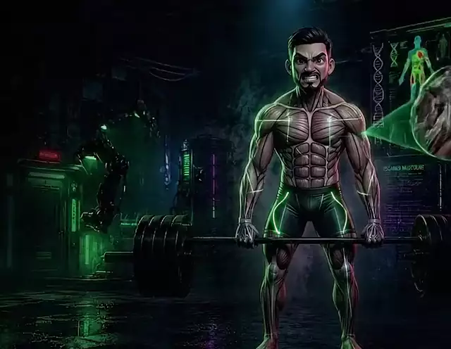 Wallace, the FitBook coach, in front of a deadlift bar with his muscles lit up